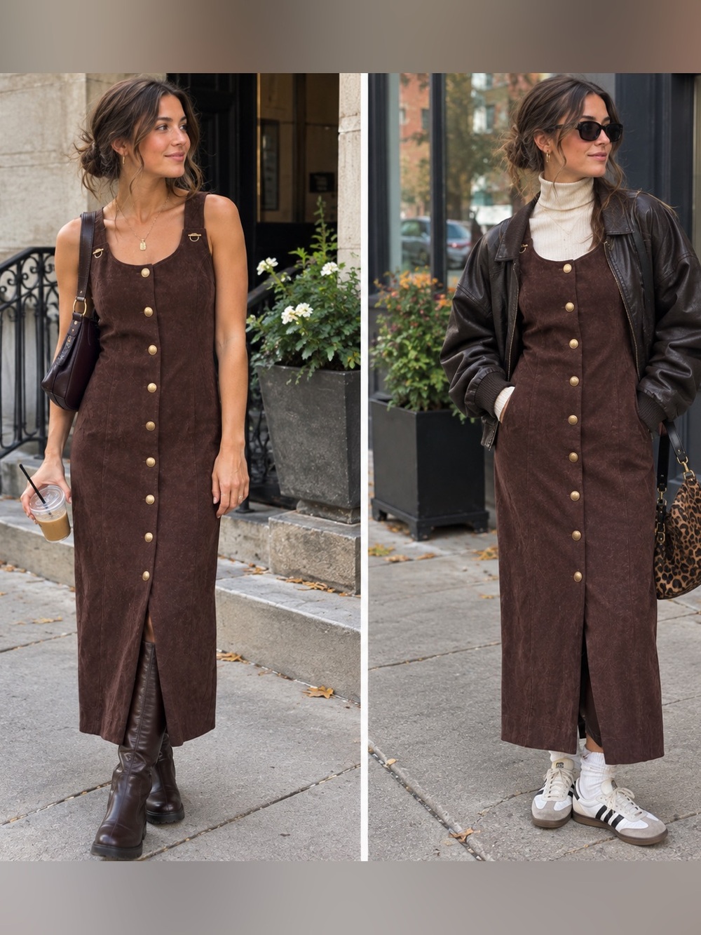 Vintage Brown Faux Suede Button Midi Dress